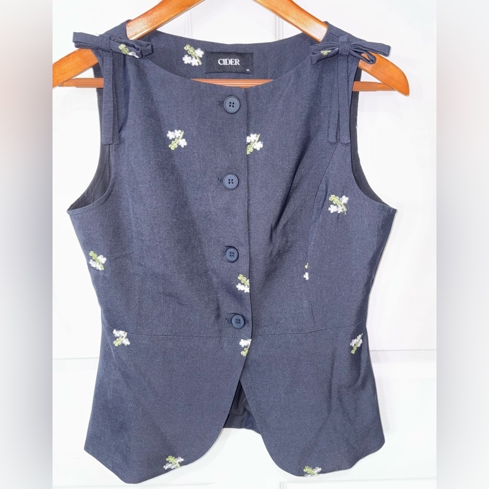 Cider Navy Button-Down Sleeveless Top with Floral Embroidery